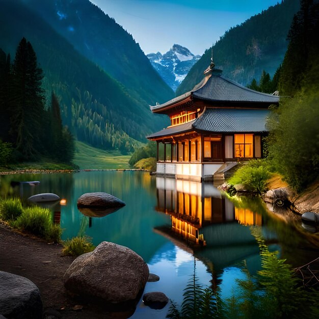 a small lake with a reflection of a mountain in the water.