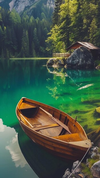 Photo small lake with a wooden rowboat