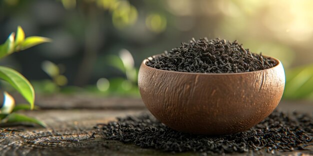 small leaf tea in a wooden bowl Generative AI