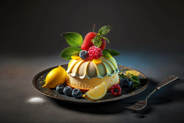 Small lemon cake with fruit on plate on dark background