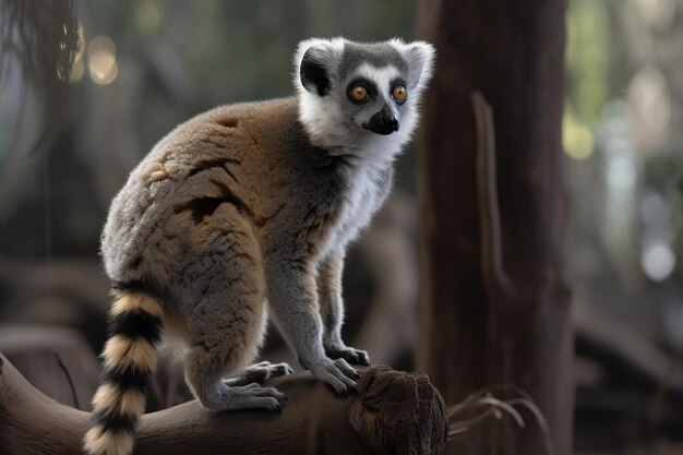 Small lemur standing on branch alert and fluffy generated by ai