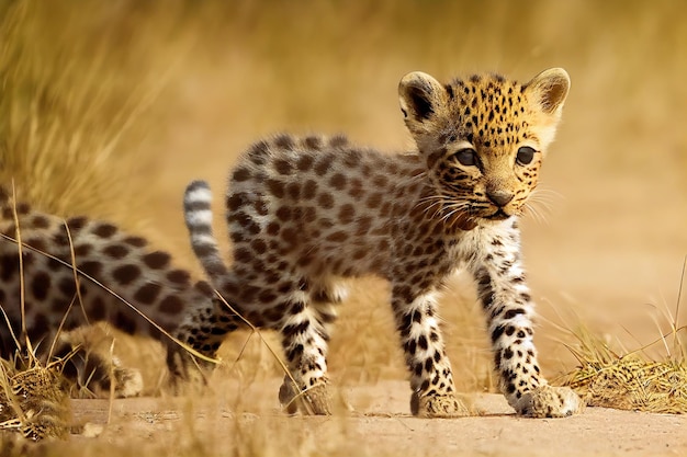 Маленький детеныш леопарда гуляет по оранжевой траве возле саванны 3D иллюстрация
