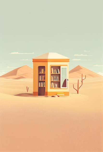 A small library sits in the desert with a mountain in the background.