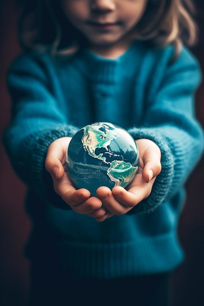 A small living planet Earth in the hands of a child