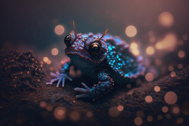 A small lizard sits on a stone in the flickering lights Generative AI