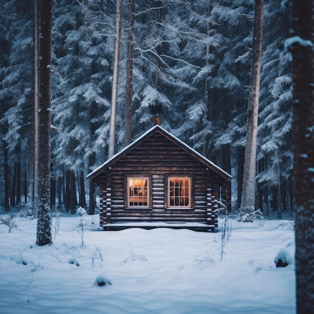 Foto una piccola capanna di legno nel mezzo di una foresta innevata ai