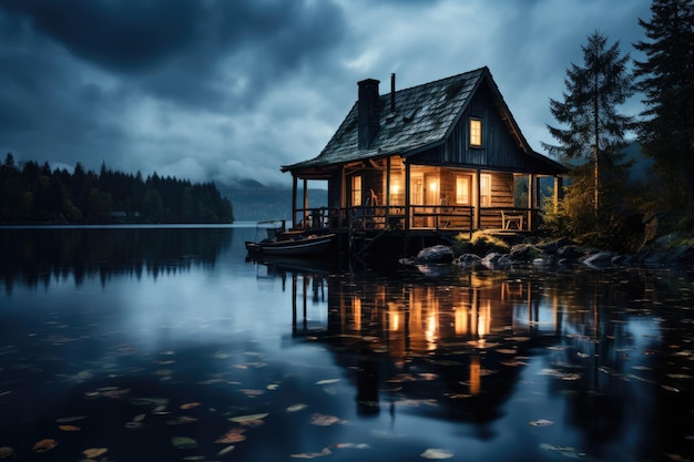 a small log cabin near the forest at night professional photography
