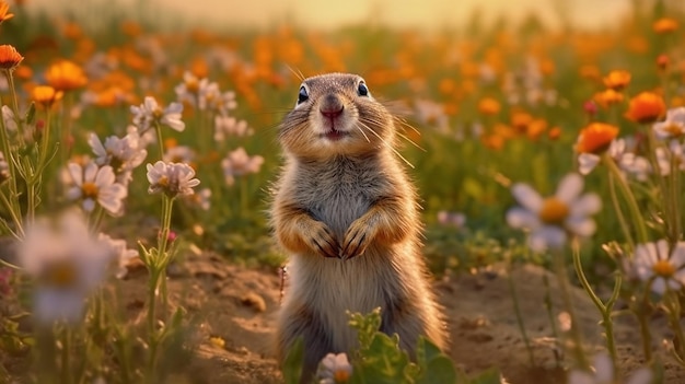 Small and lovely ground squirrel on a meadow among flowers during warm spring sunset generative ai