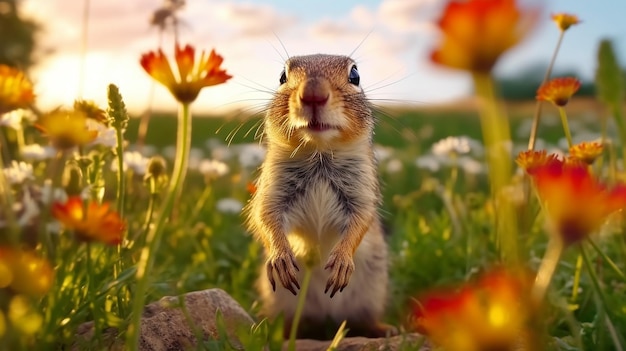 Small and lovely ground squirrel on a meadow among flowers during warm spring sunset Generative AI