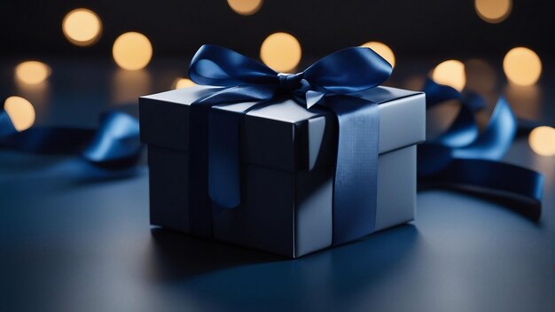 Small Luxury gift box with a blue bow on dark blue table generated by AI