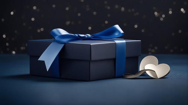 Маленькая роскошная подарочная коробка с синим бантом на темно-синем столе, созданная AI