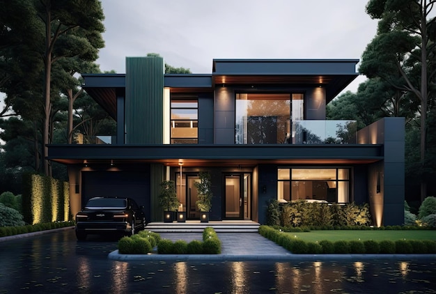 a small luxury house outside in the style of dark gray and green