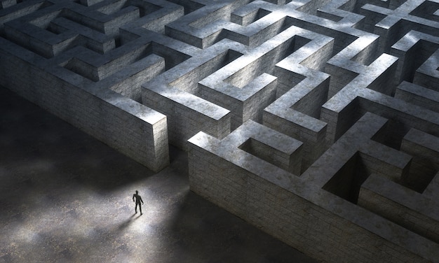 Small man entering a huge mysterious maze