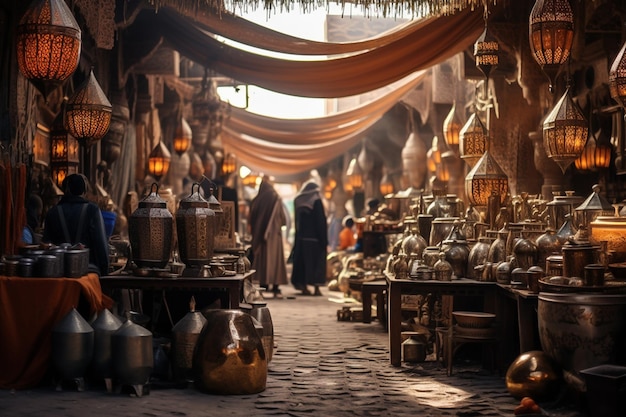 Un mercatino con tante lampade e una donna in vestaglia.