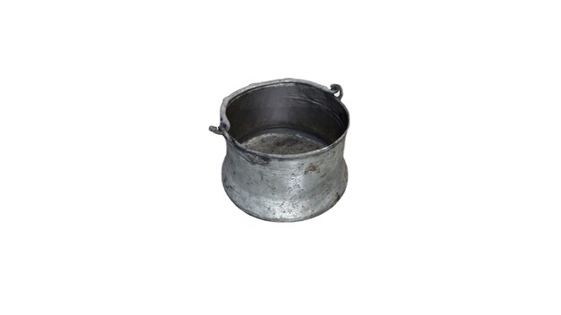 A small metal bucket with a handle that says'iron'on it