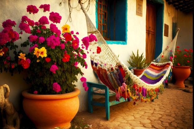 Small mexican garden hammock with flowers in yard of house