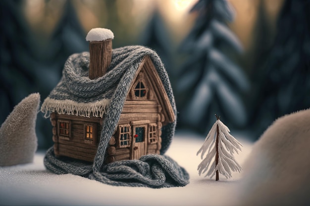 A small miniature house with a scarf in the winter forest Concept of heating season