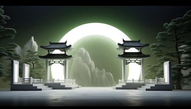 Small Minimalist Stage with White and Green Chinese City Gate