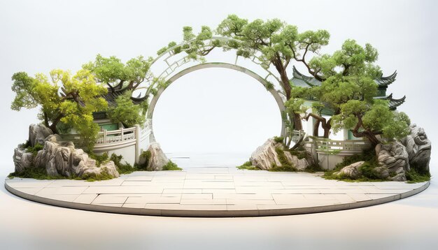 Small Minimalist Stage with White and Green Chinese City Gate