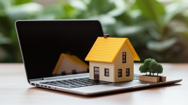 Small model house placed on a laptop keyboard