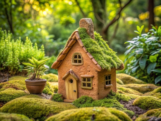 a small model house with moss on the roof and a pot with a plant in the middle