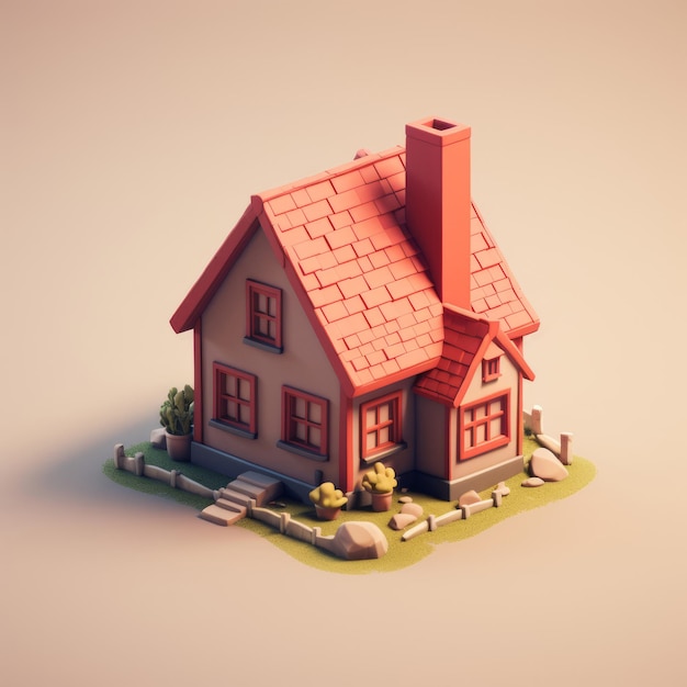 A small model of a house with a red roof