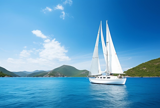 Small modern white sailing yacht sailing on the sea in summer close up