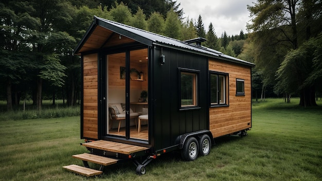 A small modular home on wheels is parked on a green lawn in the woods