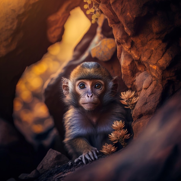 작은 원숭이가 태양이 얼굴에 비치는 나무에 앉아 있습니다.