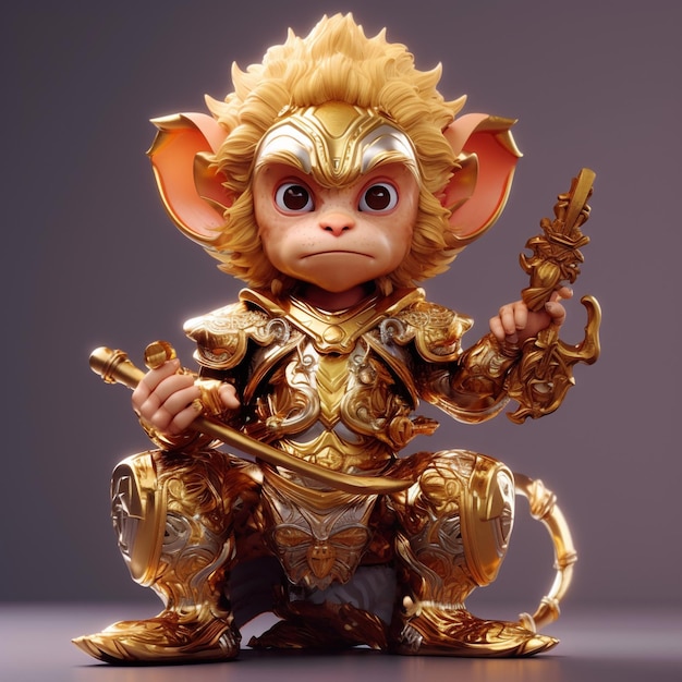 A small monkey king statue with gold and silver clothing and gold accents