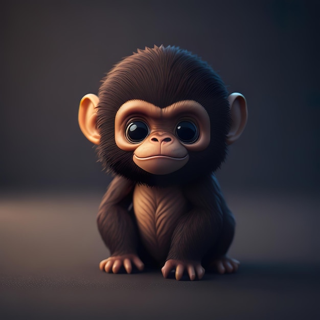 A small monkey with big eyes sits on a dark background.