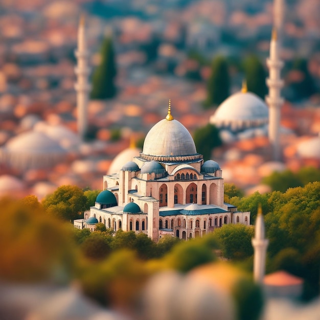 A small mosque with a blue dome and a red roof