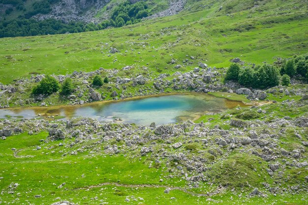 絵のように美しい山々に囲まれた小さな山の湖