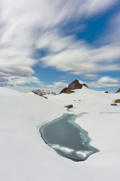 Small mountain lake in the snow to the thaw