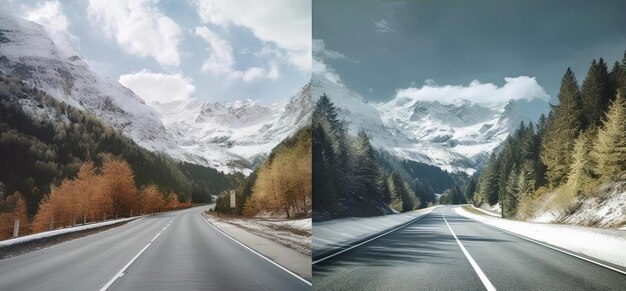 small mountain road with a snowy background