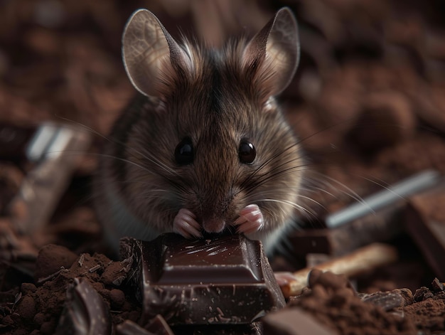 A small mouse eating chocolate in the dirt