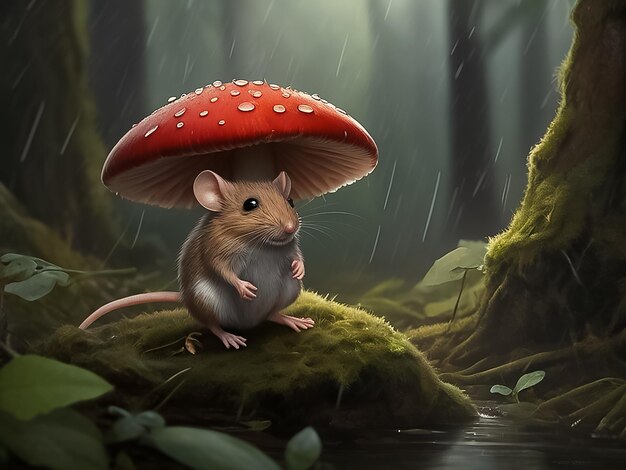 A small mouse is in the forest in the rain shielding himself under a large red caped mushroom