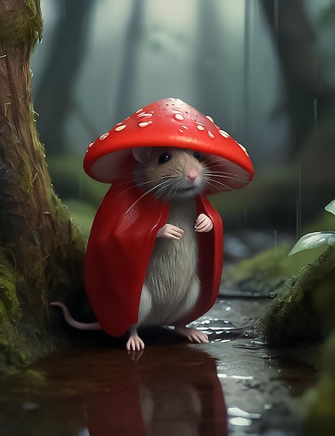 A small mouse is in the forest in the rain shielding himself under a large red caped mushroom