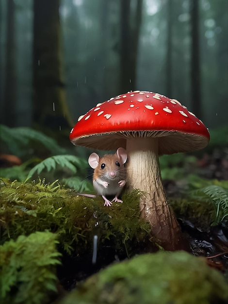 A small mouse is in the forest in the rain shielding himself under a large red capped mushroom