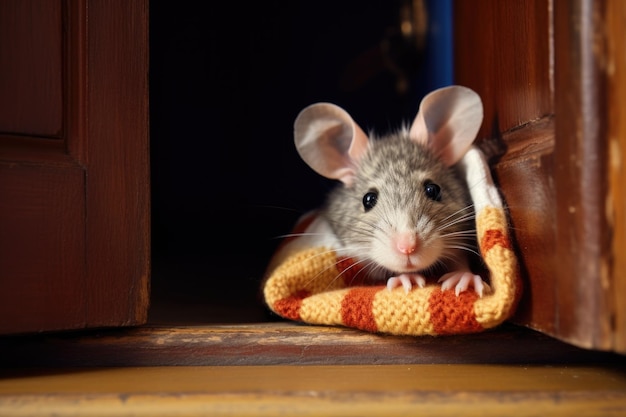 Photo a small mouse peeking out from a woolen slipper on a wooden floor