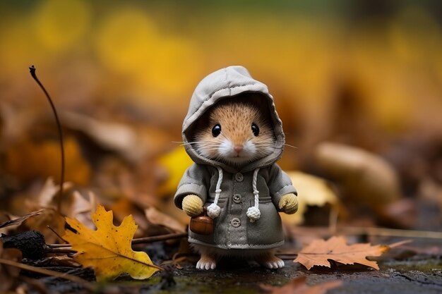 A small mouse wearing a hooded coat in the autumn leaves