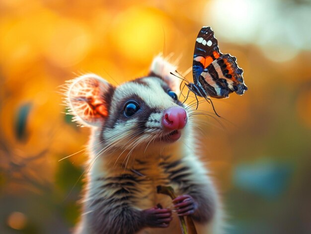 Foto un piccolo topo con una farfalla sul naso generativo ai