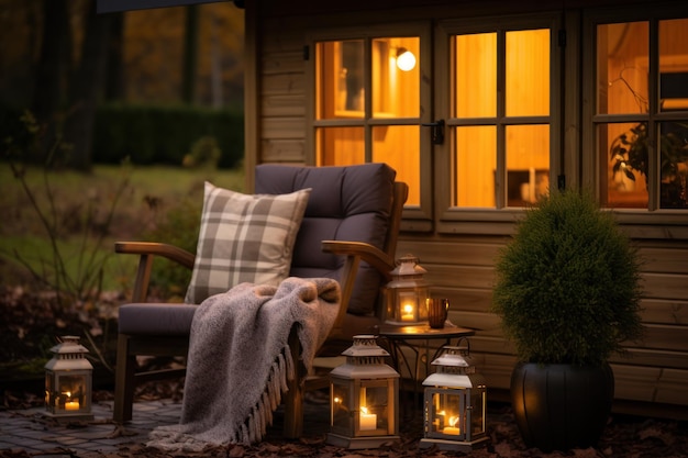 Foto piccola cabina in legno di colore naturale balcone con fiori di erica candela fiamma morbida