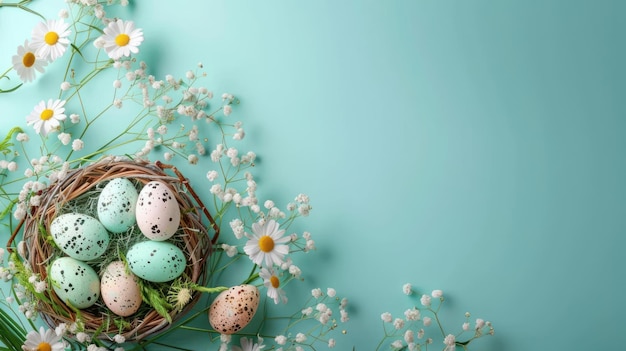 A small nest is filled with speckled eggs and surrounded by small white flowers