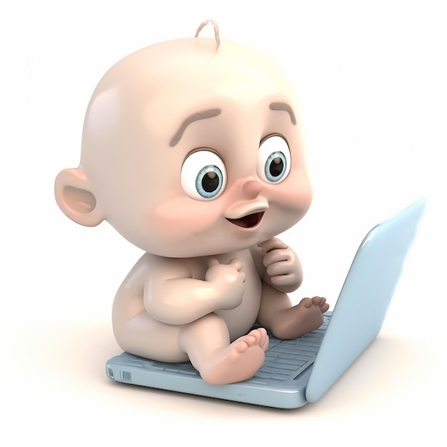 노트북 앞에 작은 신생아와 화면을 보는 재미있는 귀여운 만화 3d 일러스트레이션