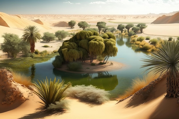 Small oasis of greenery in dune valley next to lake in the desert