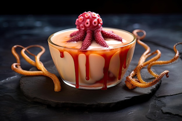 a small octopus on top of a dessert