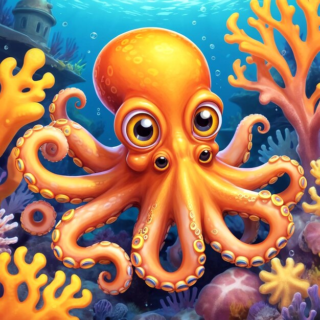 A small octopus with bright orange and yellow color for a childrens book