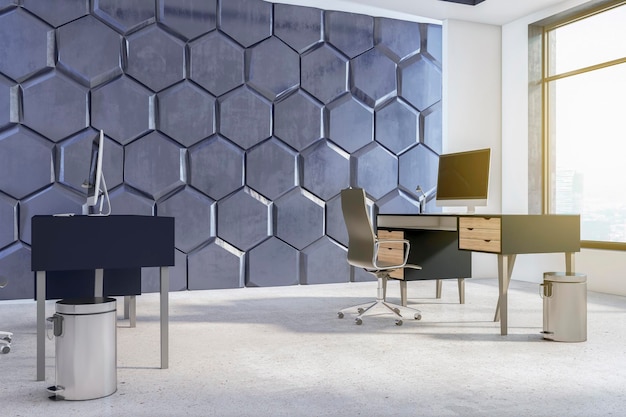 Small office interior with furniture decorative hexagonal wall\
and window with city view 3d rendering