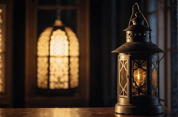 Small oil lamp on table Old oil lantern with window on background Red lamp Cozy rustic interior